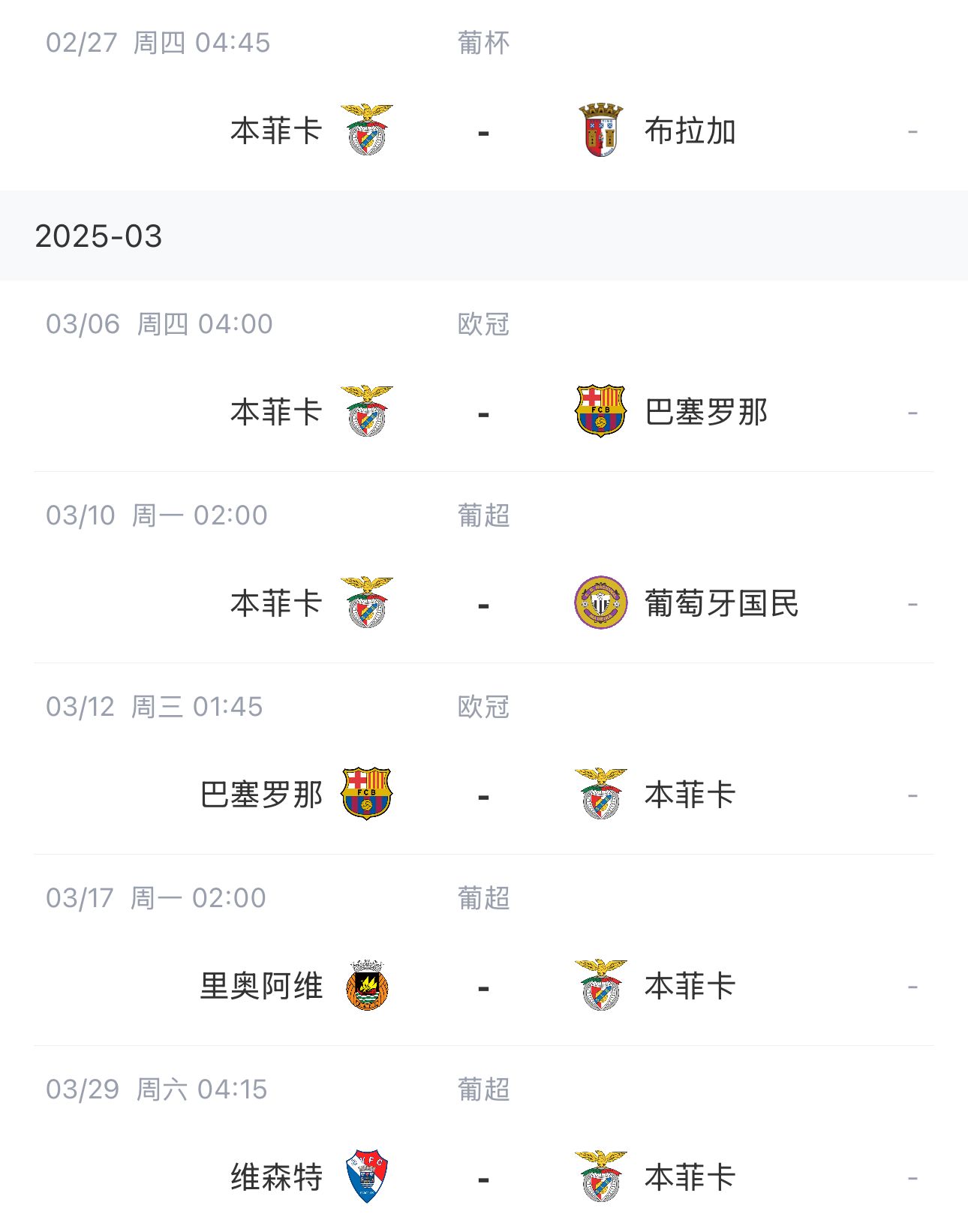  讓路歐冠！本菲卡戰(zhàn)巴薩首回合比賽前的葡超比賽推遲進行