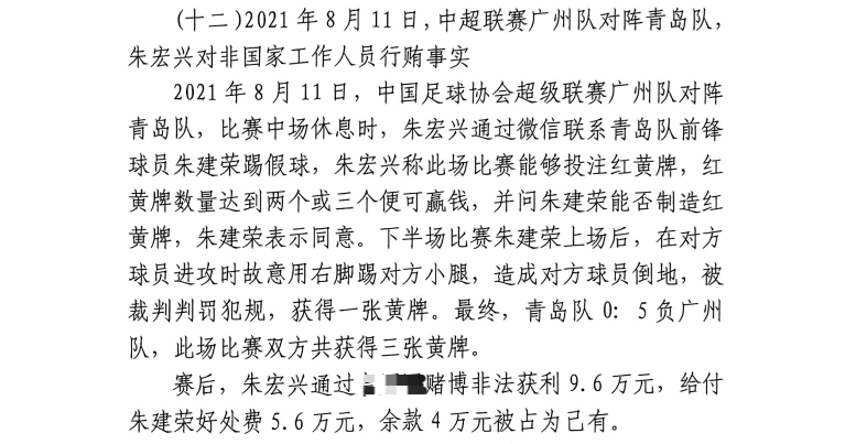  網(wǎng)傳判決書：青島球員朱建榮故意踢對方小腿，染黃收5.6萬好處費