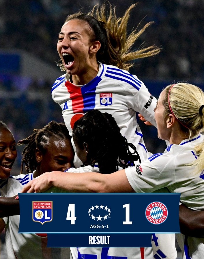  里昂女足4-1大勝拜仁女足，總比分6-1晉級女足歐冠半決賽